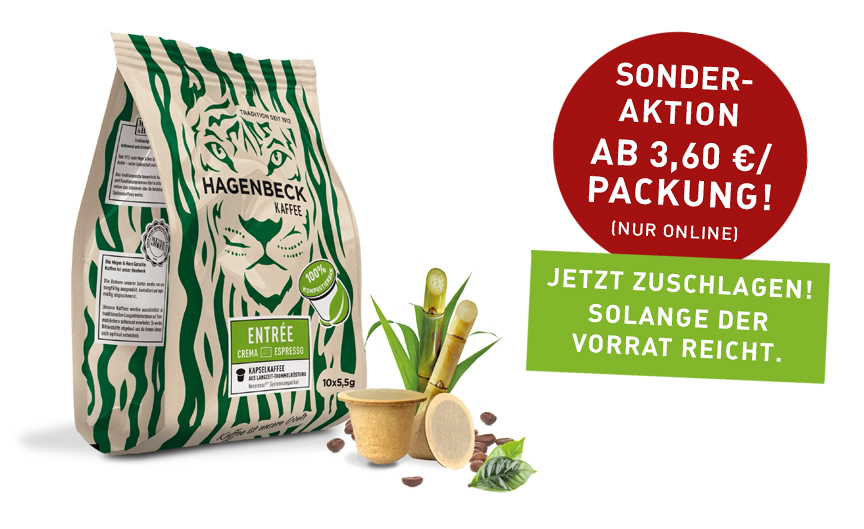 Hagenbeck Kaffee Entree Bagassekapsel Hagenbeck Kaffee Entree beutel Bagassekapsel rechts kompostierbar nespressooriginal kompatibel